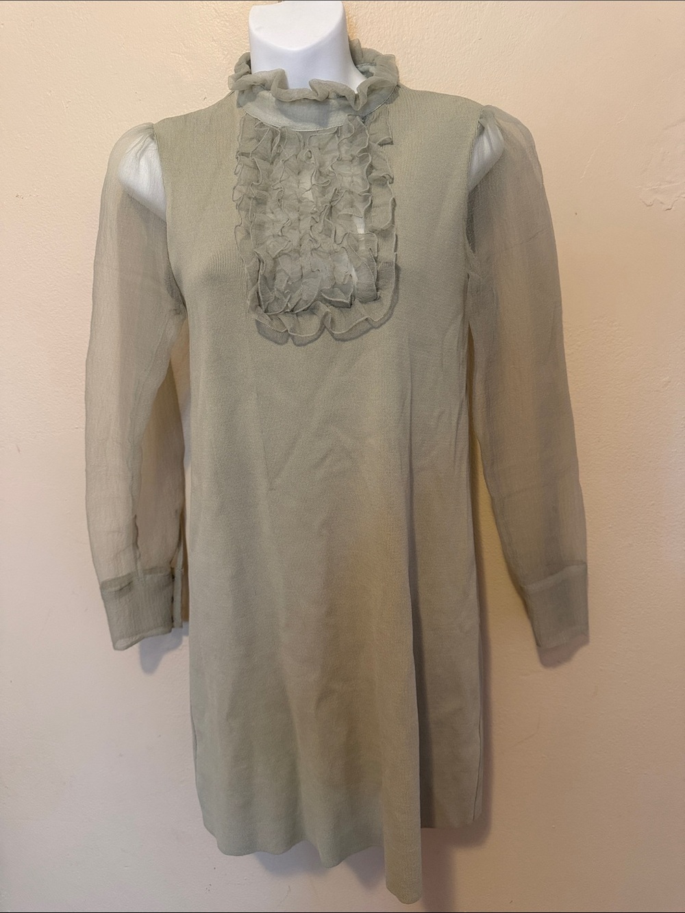 Zara Girls Sage Green Ruffle Bib Long Sleeve Dress